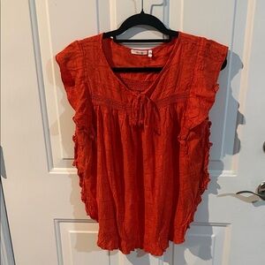 Ohmg Women's orange Red Ruffle Sleeve Top blouse lace detail